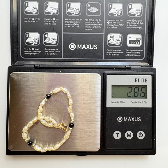 Biwa Pearl Cabochon Black Onyx Beaded Bracelet Spring Ring Clasp 7.25" Length - Picture 9 of 11